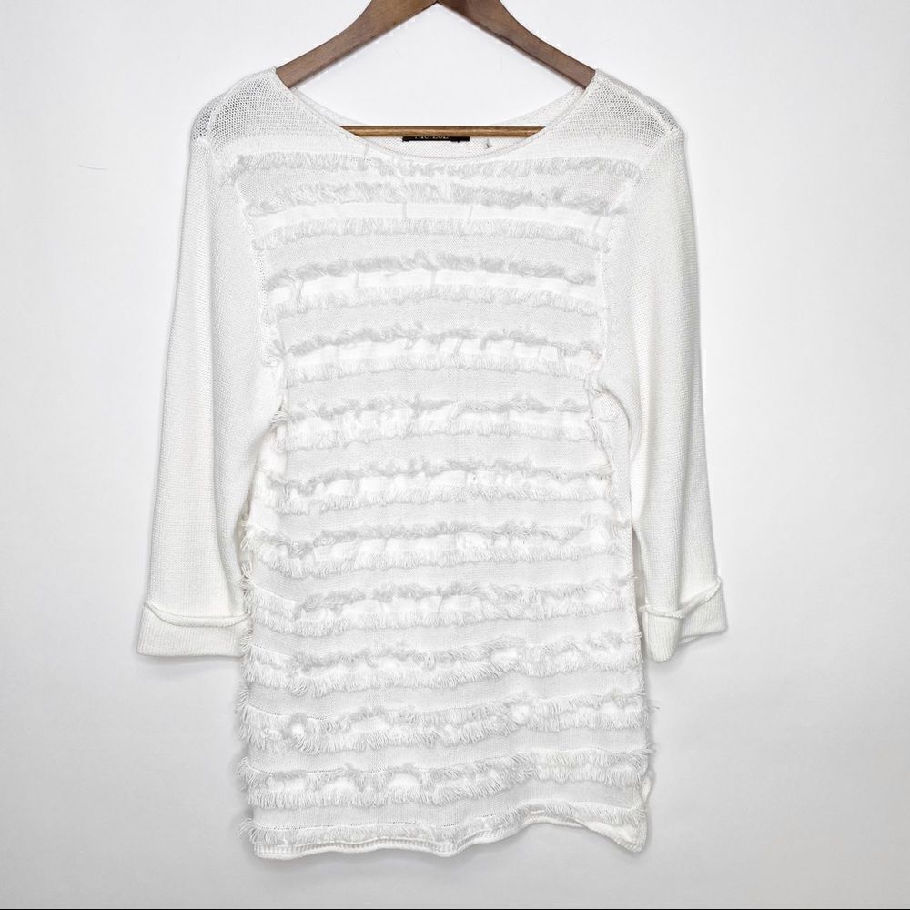 Nic + Zoe White Striped Fringe Sweater Large